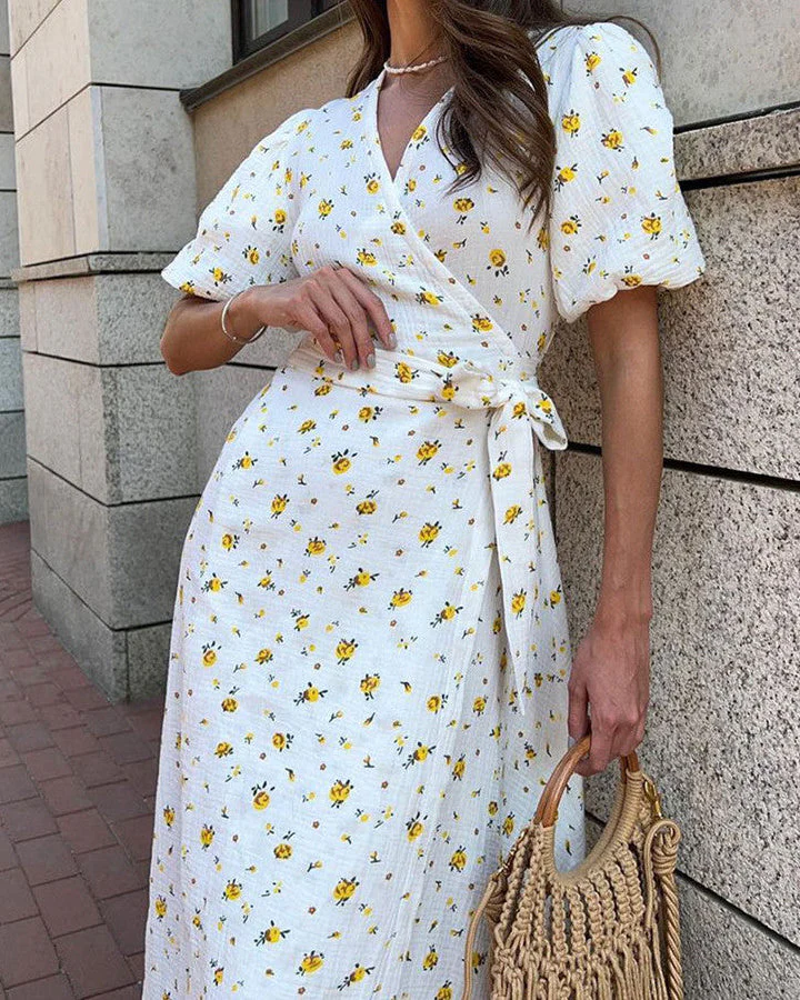 Robe longue fleurie femme – Col V et lien à nouer sur le devant - Image 4