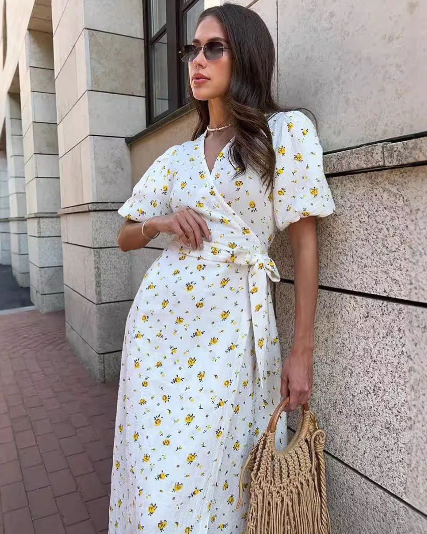 Robe longue fleurie femme – Col V et lien à nouer sur le devant - Image 6