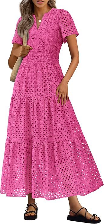 Robe Longue Fluide de Vacances à la Plage pour Femme – Style Col en V à Manches Courtes Eyelet - Image 10
