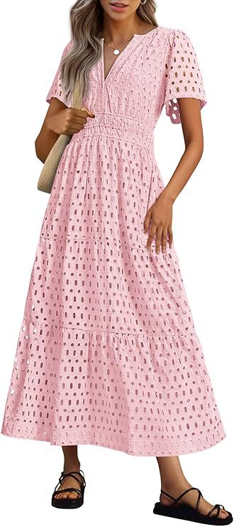 Robe Longue Fluide de Vacances à la Plage pour Femme – Style Col en V à Manches Courtes Eyelet - Image 11