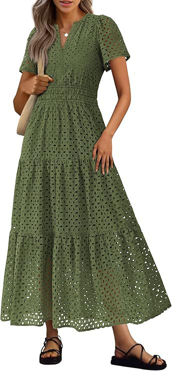 Robe Longue Fluide de Vacances à la Plage pour Femme – Style Col en V à Manches Courtes Eyelet - Image 12