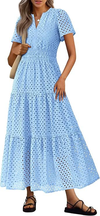 Robe Longue Fluide de Vacances à la Plage pour Femme – Style Col en V à Manches Courtes Eyelet - Image 13