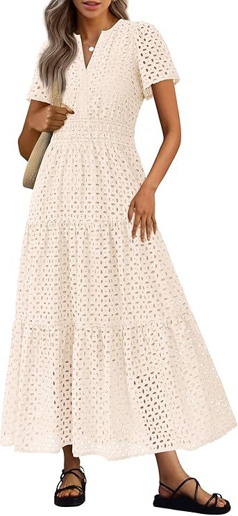 Robe Longue Fluide de Vacances à la Plage pour Femme – Style Col en V à Manches Courtes Eyelet - Image 14