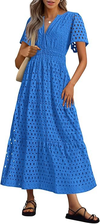 Robe Longue Fluide de Vacances à la Plage pour Femme – Style Col en V à Manches Courtes Eyelet - Image 15