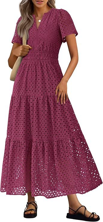 Robe Longue Fluide de Vacances à la Plage pour Femme – Style Col en V à Manches Courtes Eyelet - Image 16