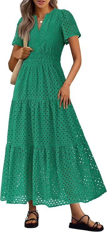 Robe Longue Fluide de Vacances à la Plage pour Femme – Style Col en V à Manches Courtes Eyelet - Image 17