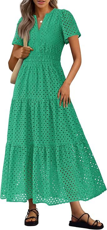 Robe Longue Fluide de Vacances à la Plage pour Femme – Style Col en V à Manches Courtes Eyelet - Image 18