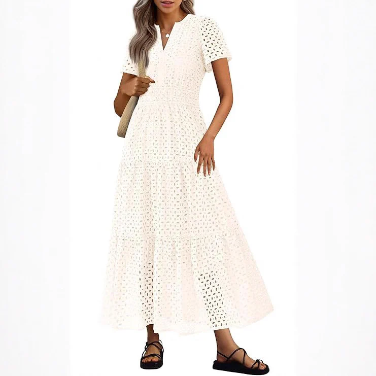 Robe Longue Fluide de Vacances à la Plage pour Femme – Style Col en V à Manches Courtes Eyelet - Image 2