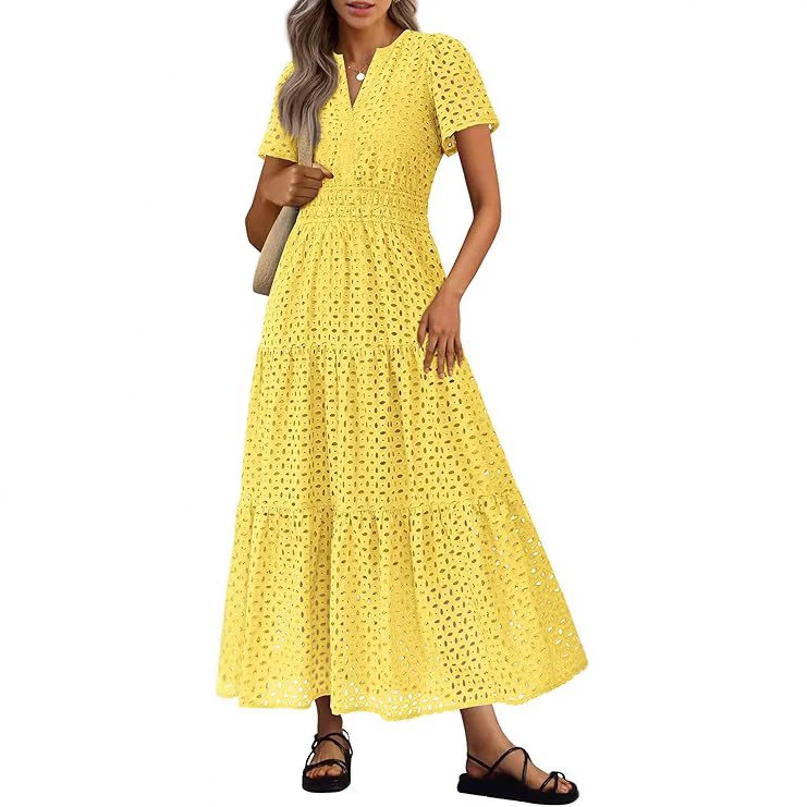 Robe Longue Fluide de Vacances à la Plage pour Femme – Style Col en V à Manches Courtes Eyelet - Image 3
