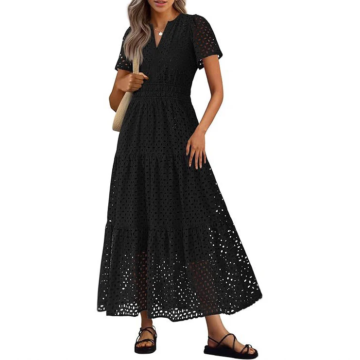 Robe Longue Fluide de Vacances à la Plage pour Femme – Style Col en V à Manches Courtes Eyelet - Image 4