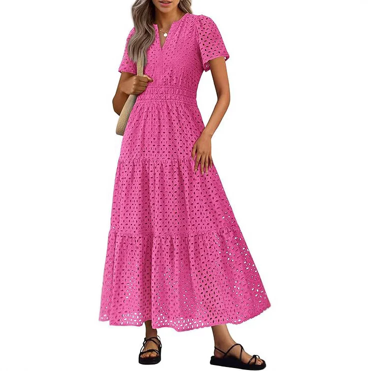 Robe Longue Fluide de Vacances à la Plage pour Femme – Style Col en V à Manches Courtes Eyelet - Image 5