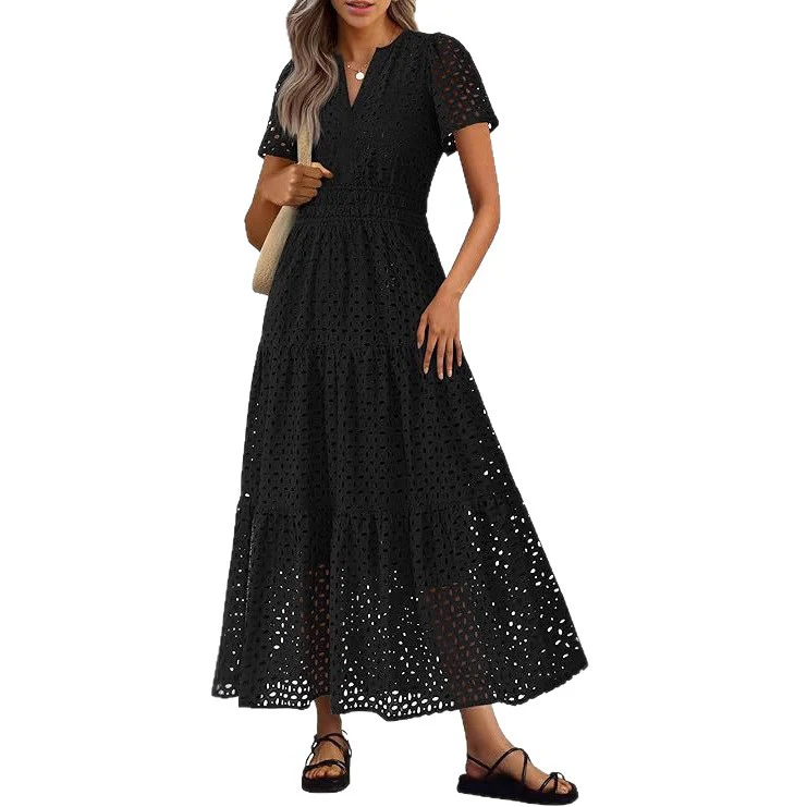 Robe Longue Fluide de Vacances à la Plage pour Femme – Style Col en V à Manches Courtes Eyelet - Image 6