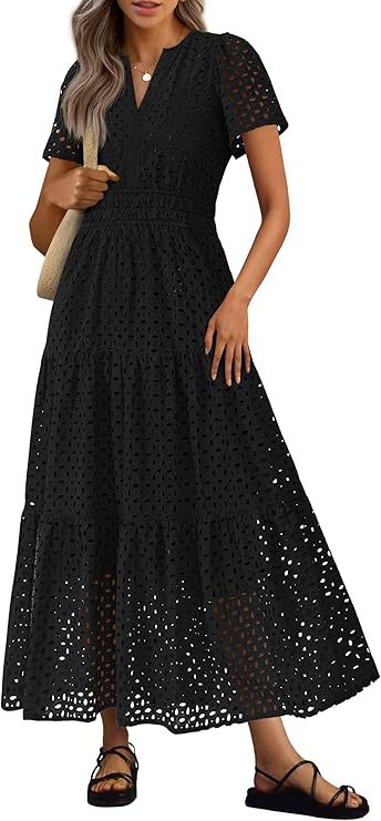 Robe Longue Fluide de Vacances à la Plage pour Femme – Style Col en V à Manches Courtes Eyelet - Image 7