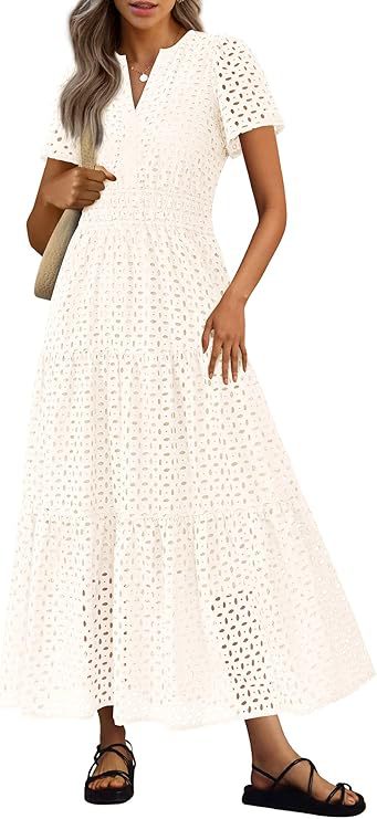 Robe Longue Fluide de Vacances à la Plage pour Femme – Style Col en V à Manches Courtes Eyelet - Image 8