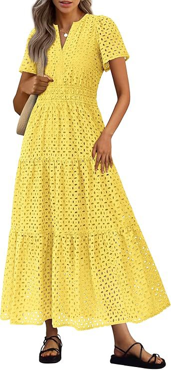 Robe Longue Fluide de Vacances à la Plage pour Femme – Style Col en V à Manches Courtes Eyelet - Image 9