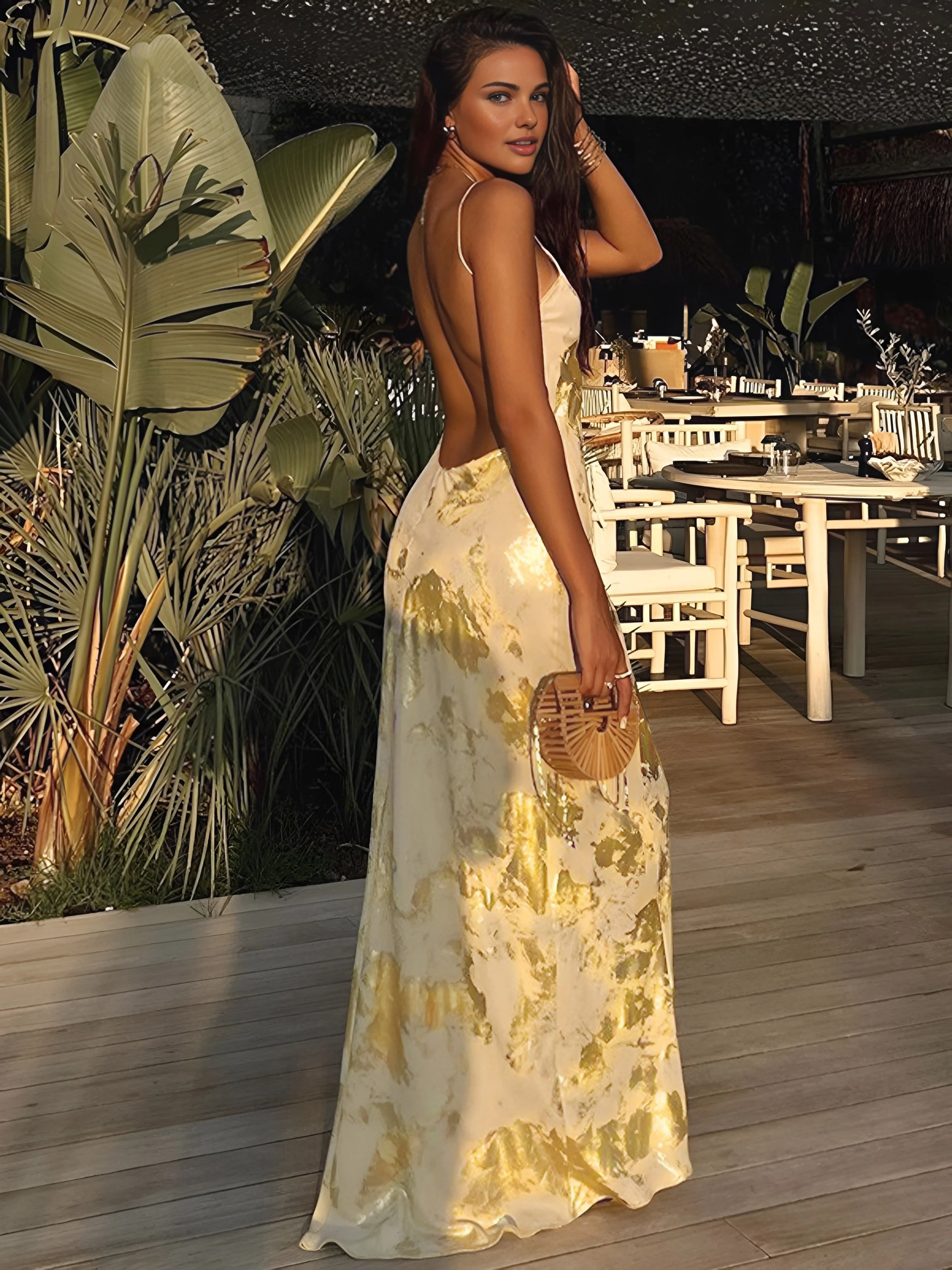 Robe longue fluide femme élégante imprimé métallique or V-col dos nu cocktail invité mariage – Robe de soirée légère et chic - Image 3