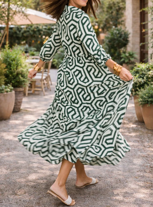 Robe longue géométrique à manches longues pour femme – Style fluide, élégant et décontracté - Image 3