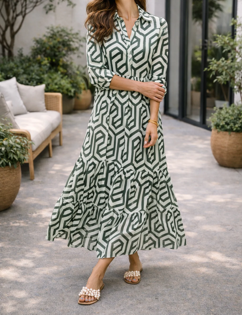 Robe longue géométrique à manches longues pour femme – Style fluide, élégant et décontracté - Image 4