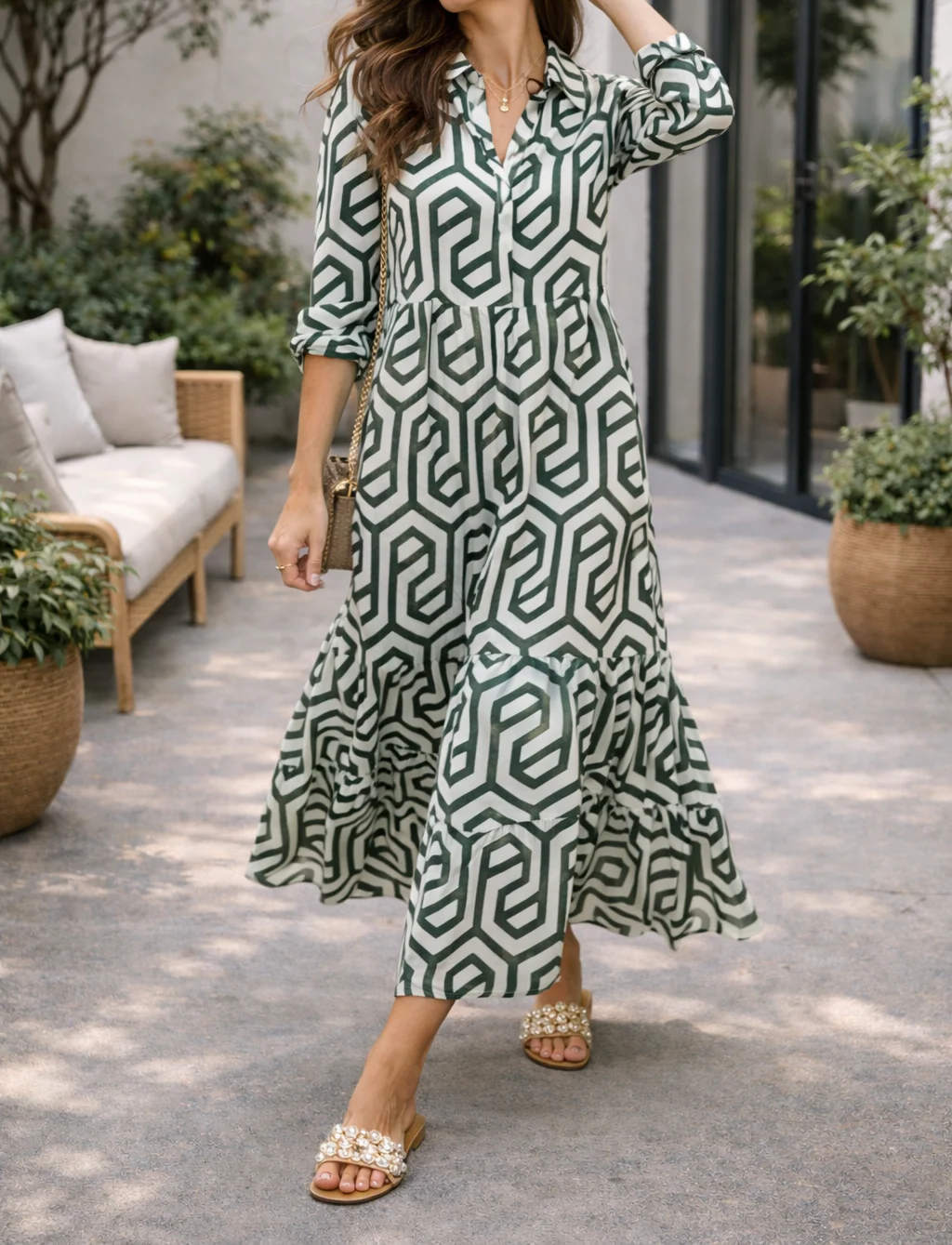 Robe longue géométrique à manches longues pour femme – Style fluide, élégant et décontracté - Image 5