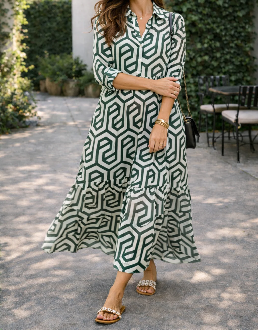 Robe longue géométrique à manches longues pour femme – Style fluide, élégant et décontracté - Image 7