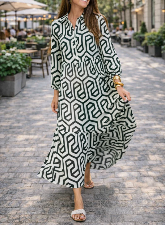 Robe longue géométrique à manches longues pour femme – Style fluide, élégant et décontracté - Image 8