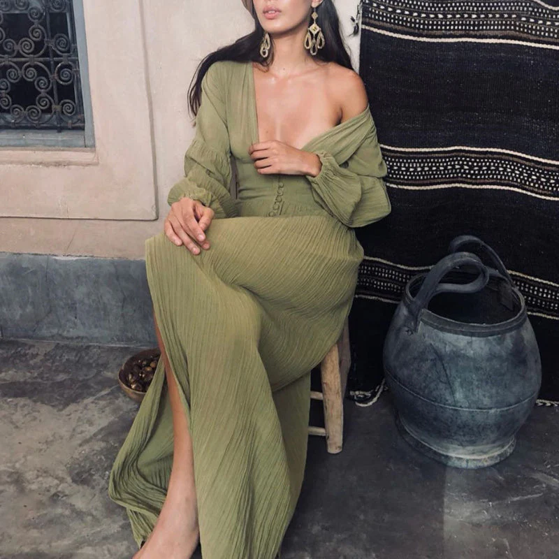 Robe longue maxi bohème à col en V pour femme – Style plage fluide et décontracté - Image 2