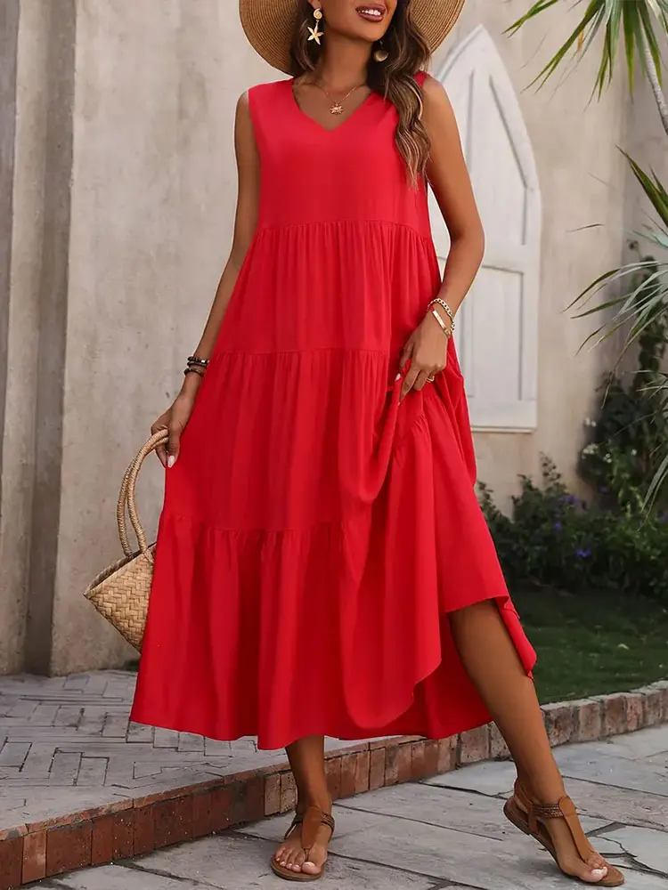 Robe longue sans manches à volants pour femme – Style décontracté d'été, fluide et léger - Image 9