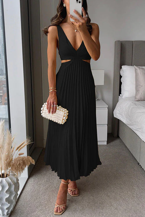 Robe Longue Satinée Femme Décolleté en V Plissé – Élégance Structurée - Image 3