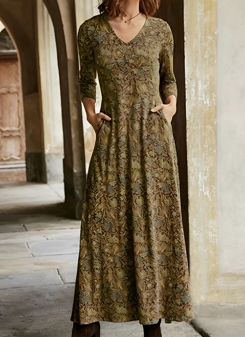 Robe Longue Vintage Femme – Maxi Décontractée Col V avec Poches - Image 2