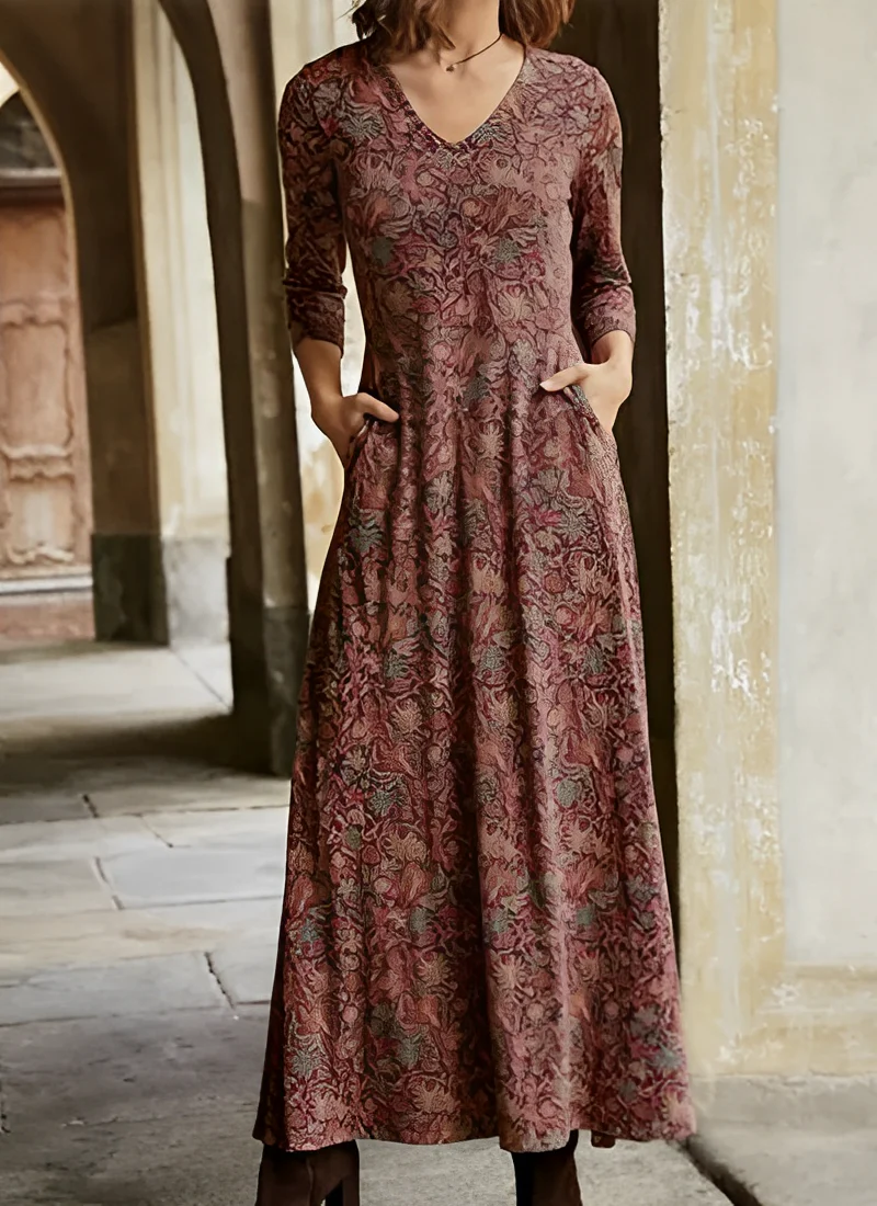 Robe Longue Vintage Femme – Maxi Décontractée Col V avec Poches - Image 3