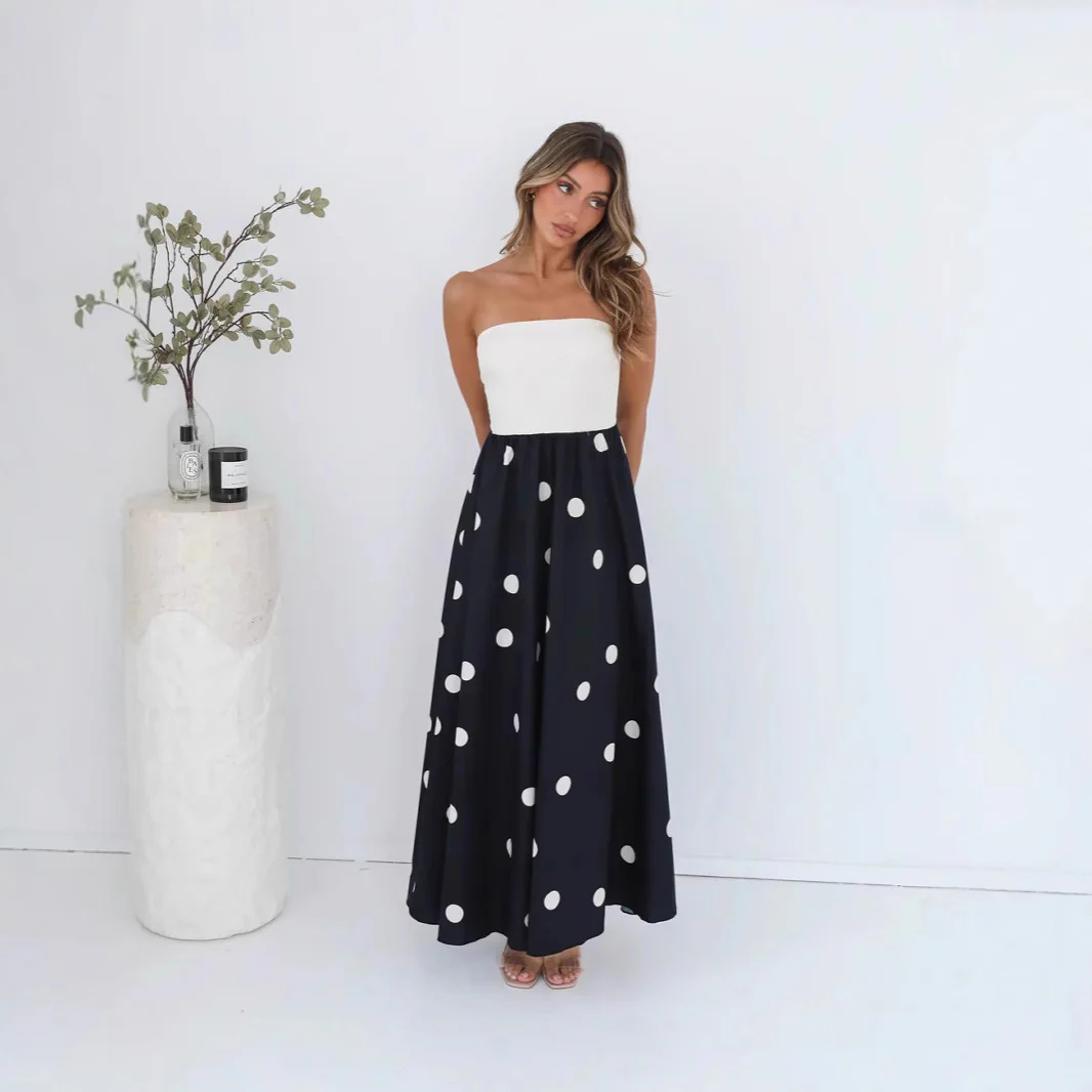 Robe maxi à patchwork à pois pour femme – Élégante robe tube A-line - Image 2