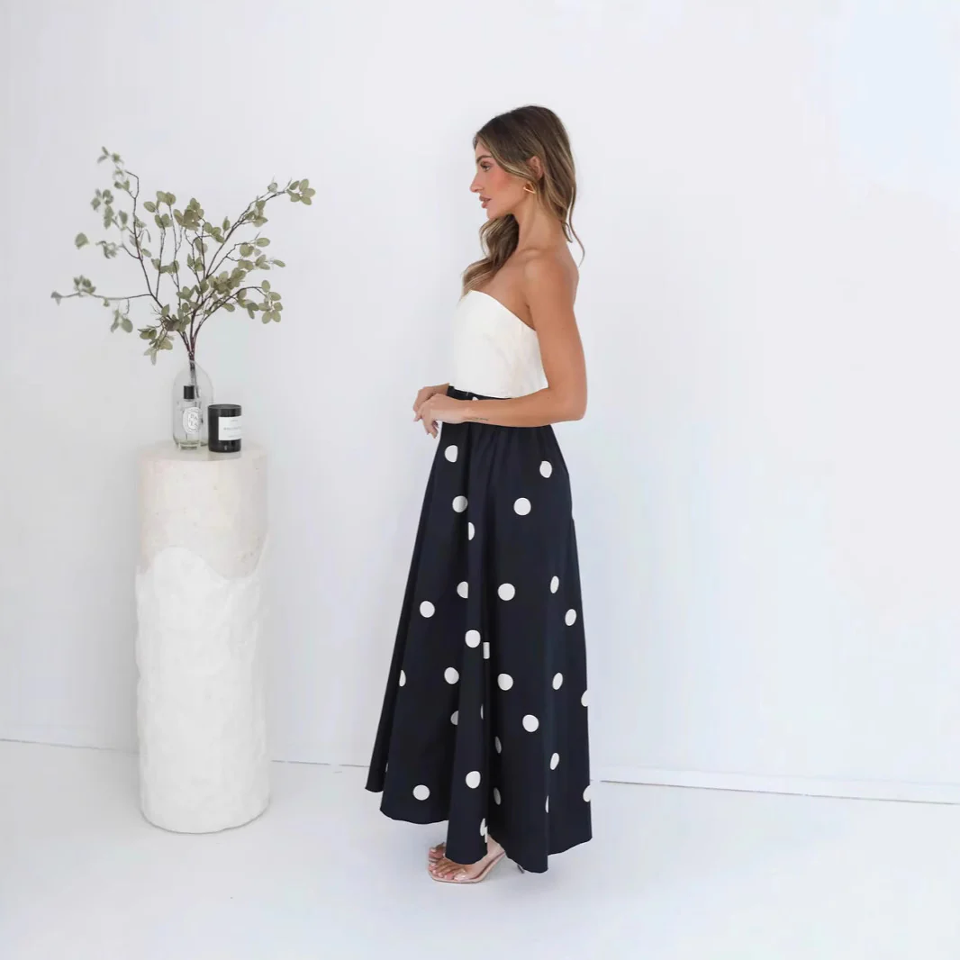 Robe maxi à patchwork à pois pour femme – Élégante robe tube A-line - Image 3