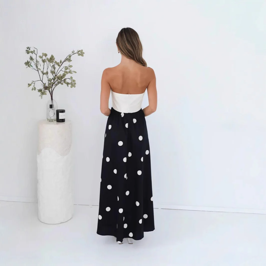 Robe maxi à patchwork à pois pour femme – Élégante robe tube A-line - Image 4