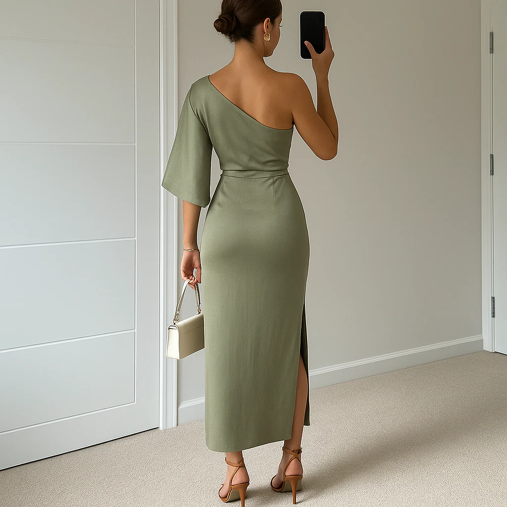 Robe maxi asymetrique femme a une epaule et fente flatteuse - Elegante et habillee - Image 3