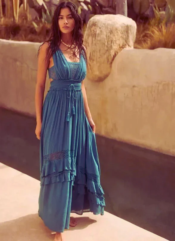 Robe Maxi Bleu Malachite Femme – Style Long Élégant et Fluide - Image 2