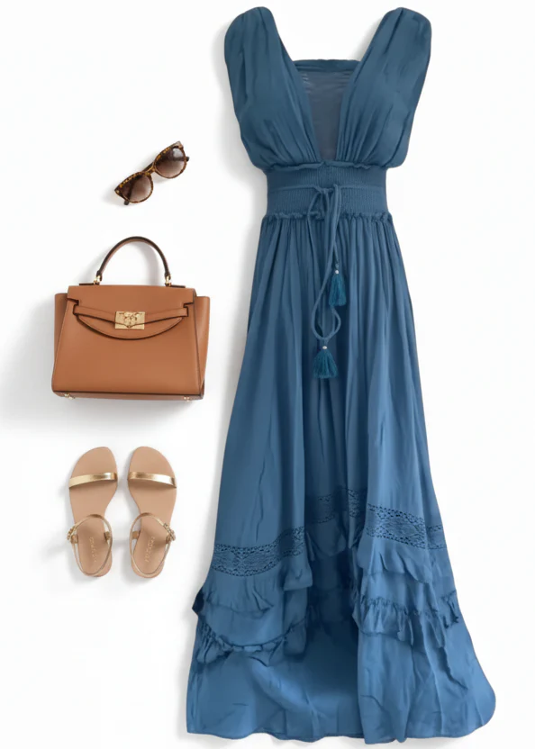 Robe Maxi Bleu Malachite Femme – Style Long Élégant et Fluide - Image 6
