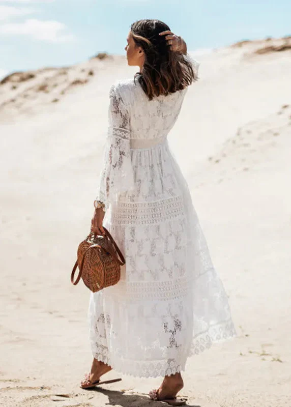 Robe Maxi Bohème Élégante Blanche Femme – Col V et Manches Évasées - Image 2