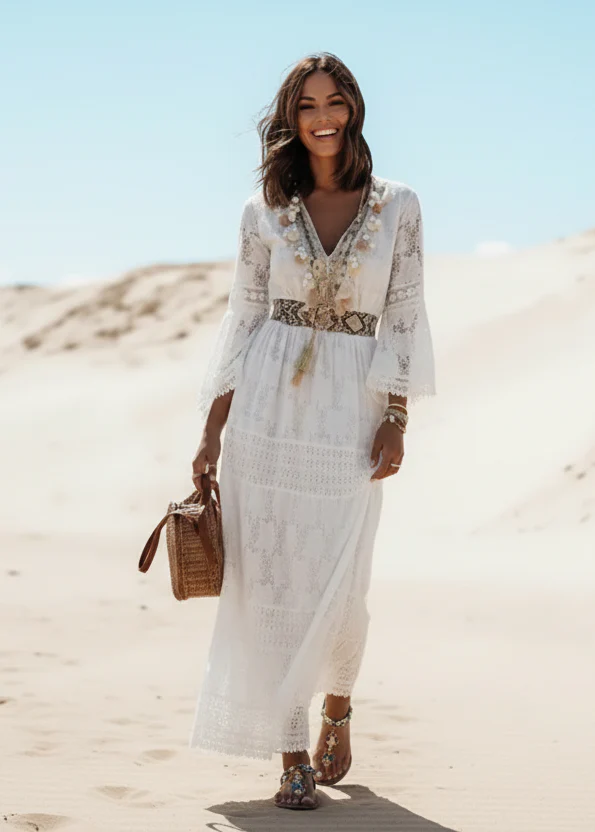 Robe Maxi Bohème Élégante Blanche Femme – Col V et Manches Évasées - Image 3