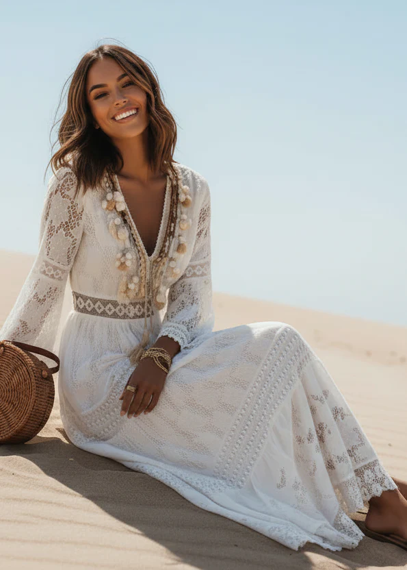 Robe Maxi Bohème Élégante Blanche Femme – Col V et Manches Évasées - Image 4
