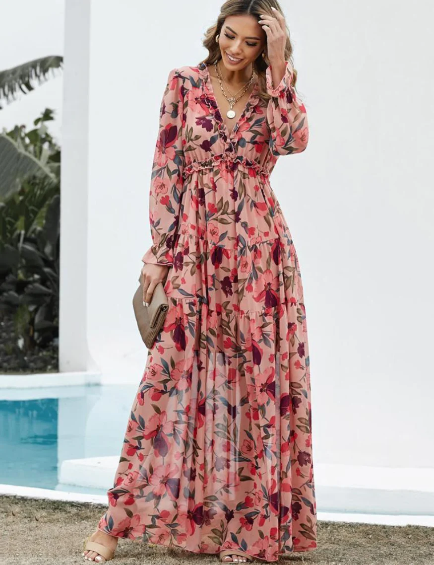 Robe Maxi Bohème en Chiffon à Fleurs Femme – Style Élégant Fluide à Manches Longues