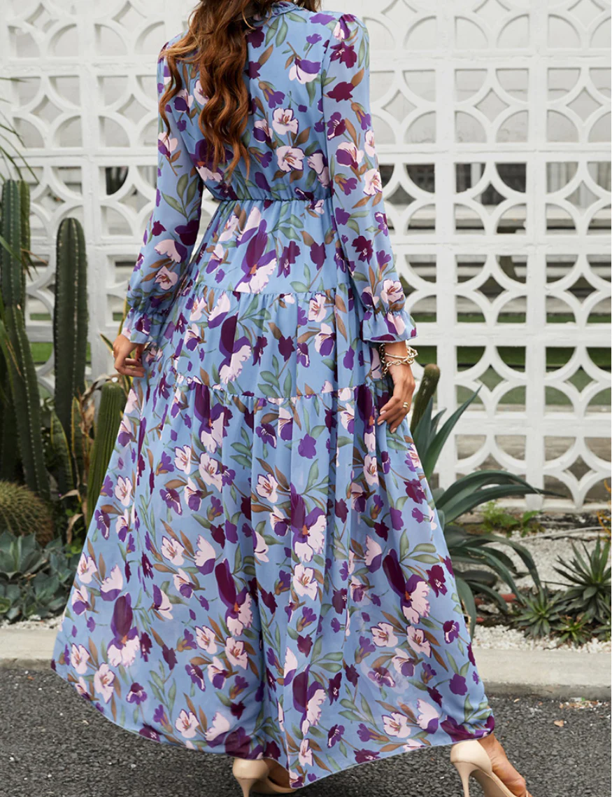 Robe Maxi Bohème en Chiffon à Fleurs Femme – Style Élégant Fluide à Manches Longues - Image 4