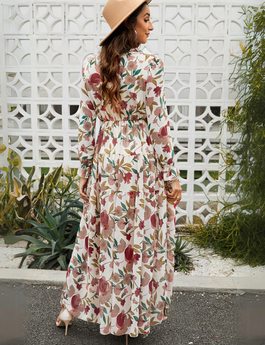 Robe Maxi Bohème en Chiffon à Fleurs Femme – Style Élégant Fluide à Manches Longues - Image 6