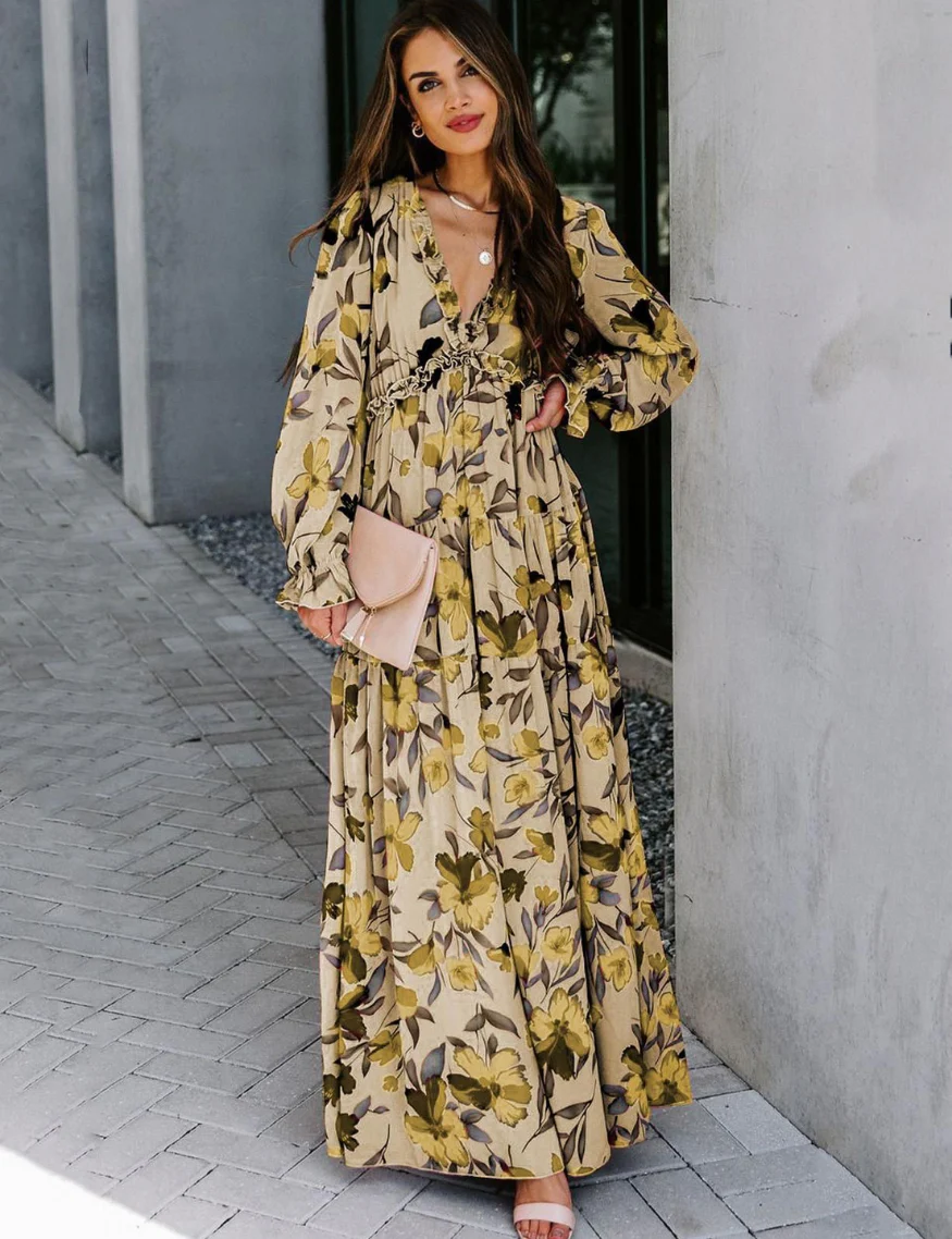 Robe Maxi Bohème en Chiffon à Fleurs Femme – Style Élégant Fluide à Manches Longues - Image 7