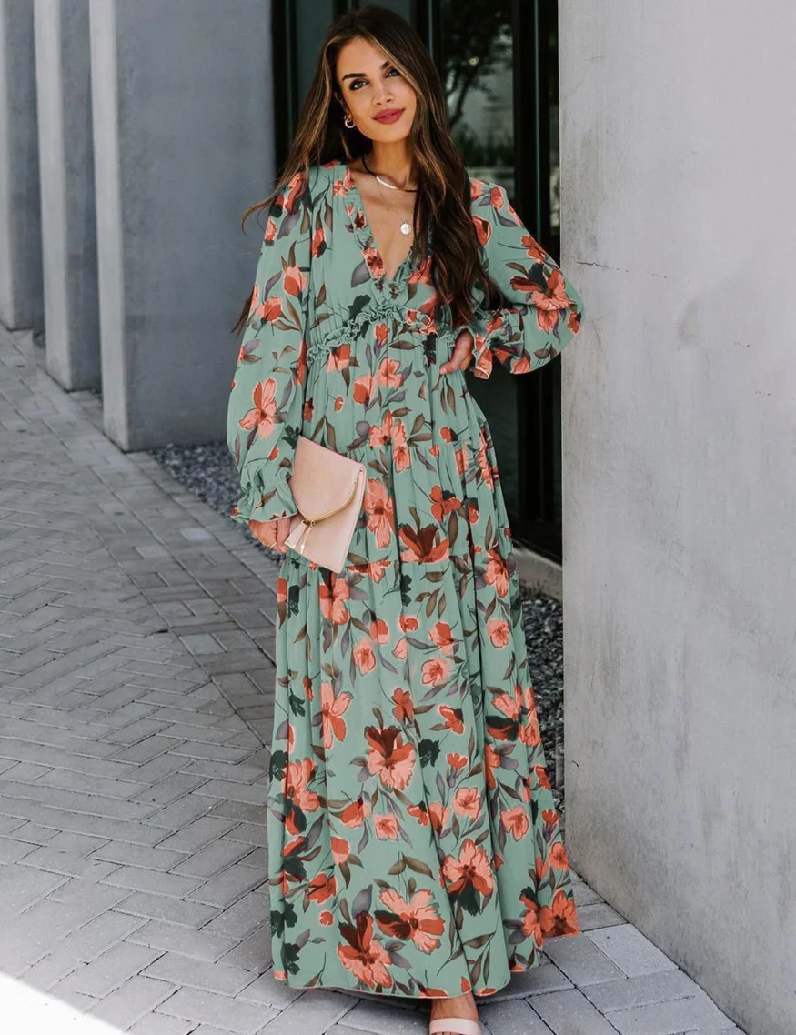 Robe Maxi Bohème en Chiffon à Fleurs Femme – Style Élégant Fluide à Manches Longues - Image 8