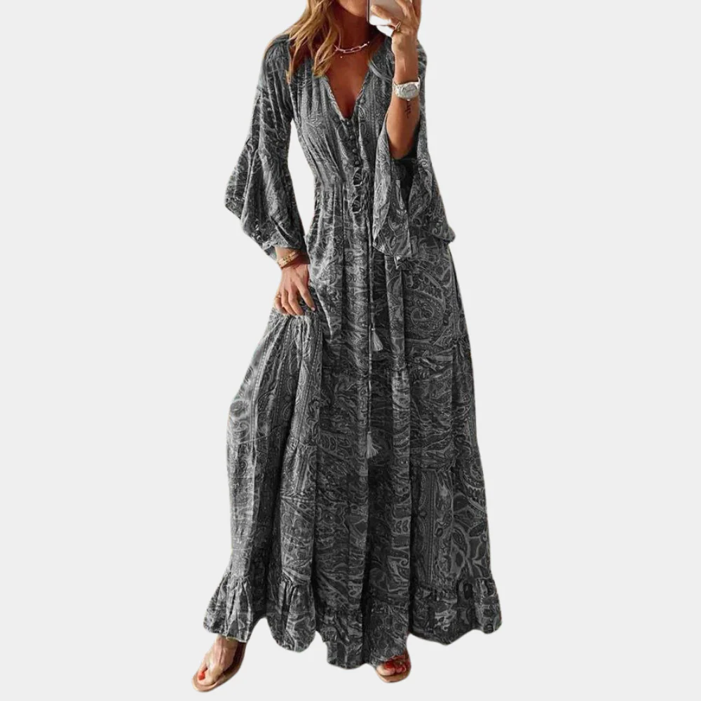 Robe Maxi Bohème pour Femme – Col V Floral Vintage avec Manches Cloche Longues - Image 2