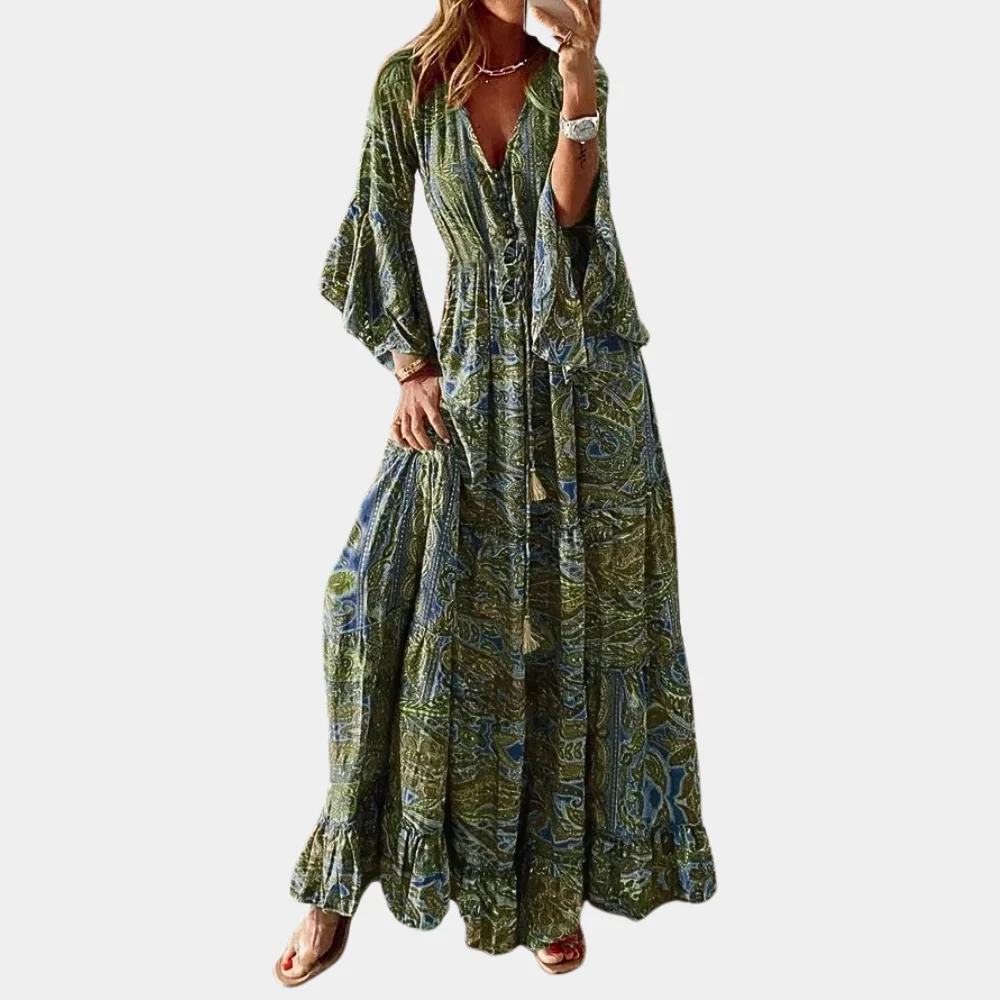 Robe Maxi Bohème pour Femme – Col V Floral Vintage avec Manches Cloche Longues - Image 3