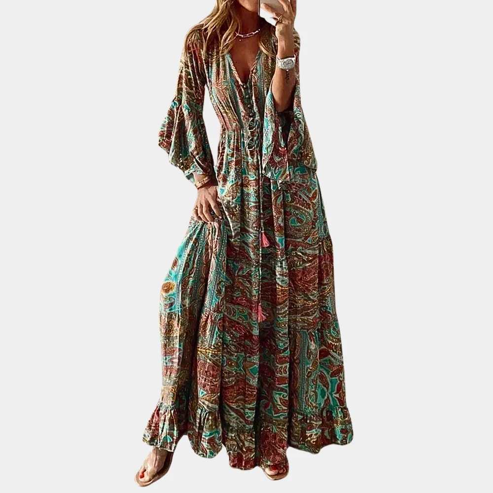 Robe Maxi Bohème pour Femme – Col V Floral Vintage avec Manches Cloche Longues - Image 4
