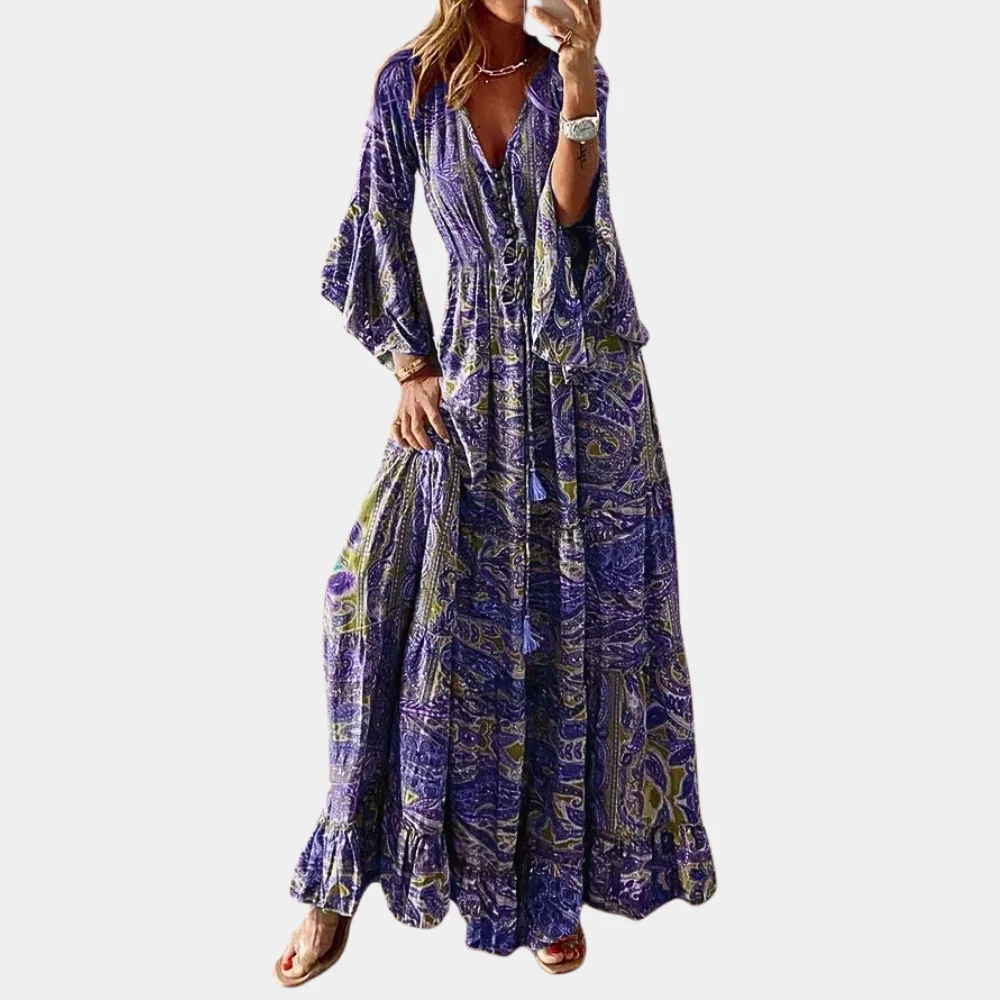Robe Maxi Bohème pour Femme – Col V Floral Vintage avec Manches Cloche Longues - Image 5