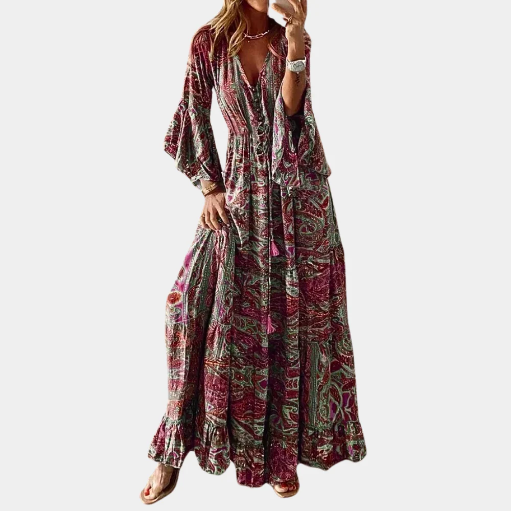 Robe Maxi Bohème pour Femme – Col V Floral Vintage avec Manches Cloche Longues - Image 6