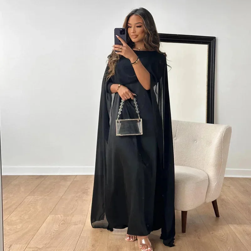 Robe Maxi Cape Invitée de Mariage Femme – Robe de Soirée Élégante en Satin Uni - Image 3